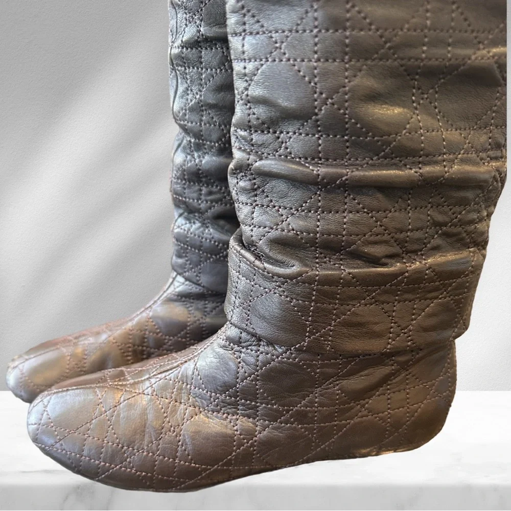 Christian Dior Cannage Quilted Brown Knee High Boots 35 1/2 - Picture 5 of 13
